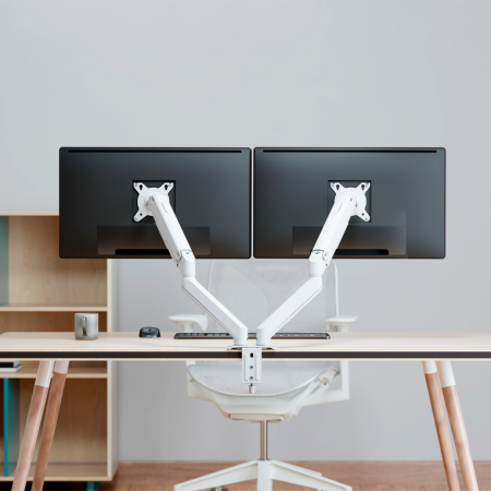 AISENS Soporte de Mesa Eco Contrapeso Giratorio e Inclinable para Monitor/TV 9kg (3 PIVOTES, 2 BRAZOS) de 17-32, Blanco