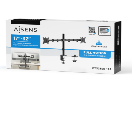 AISENS Soporte de Mesa ECO Giratorio e Inclinable para Monitor/TV 9Kg (3 Pivotes, 2 Brazos) de 17-32, Negro