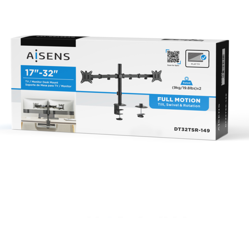 AISENS Soporte de Mesa ECO Giratorio e Inclinable para Monitor/TV 9Kg (3 Pivotes, 2 Brazos) de 17-32, Negro
