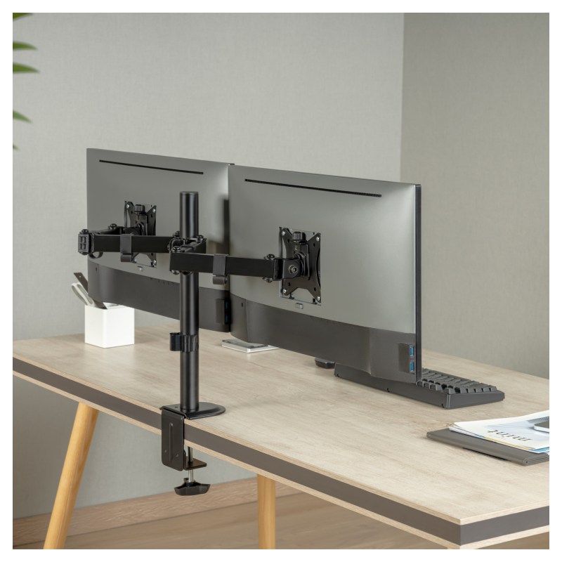 AISENS Soporte de Mesa ECO Giratorio e Inclinable para Monitor/TV 9Kg (3 Pivotes, 2 Brazos) de 17-32, Negro