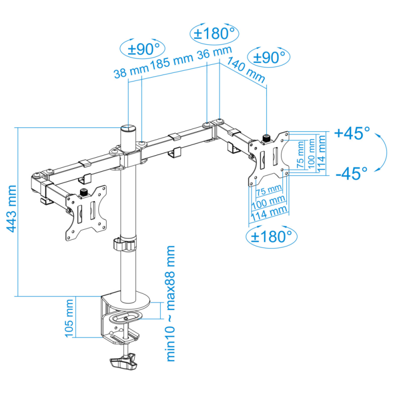 TooQ Soporte de Mesa Giratorio e Inclinable para 2 Pantallas (Monitor / TV Plasma / LCD / LED) 13” – 32”, de Dos Brazos, Negro