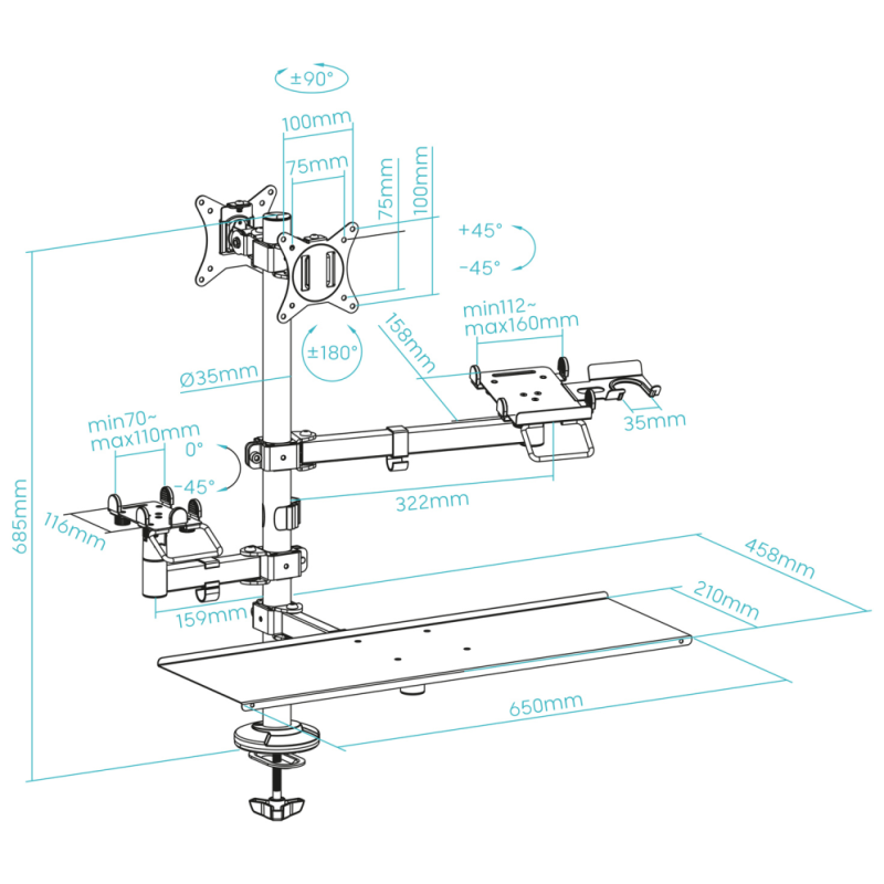 TooQ Soporte de Mesa para TPV/Impresora/Pantallas 17”-32”/Terminal/Lector/Teclado