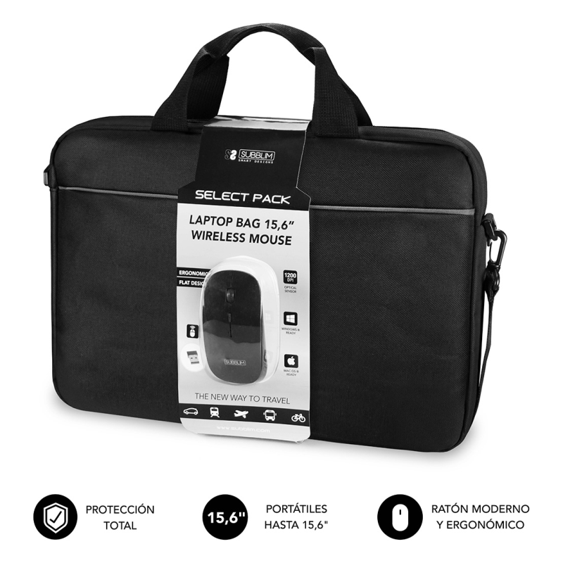 SUBBLIM Maletín con Ratón Select Pack Wireless Mouse USB + Laptop bag 15,6″