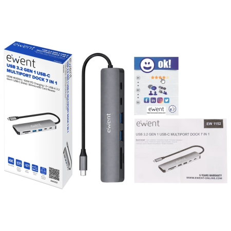 Ewent EW1152 base para portátil y replicador de puertos Alámbrico USB 3.2 Gen 1 (3.1 Gen 1) Type-C Gris