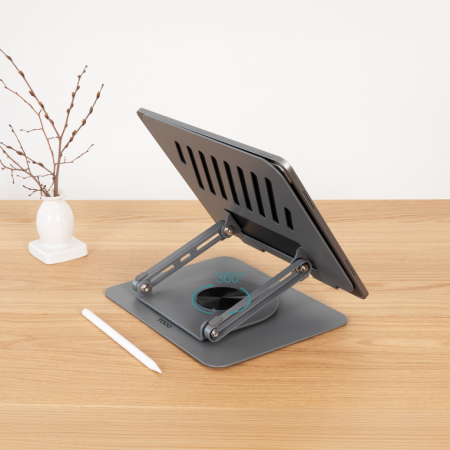 TooQ Soporte Elevador con rotación 360° y ajustable, para dispositivos de 11”-17”, Color Gris Oscuro