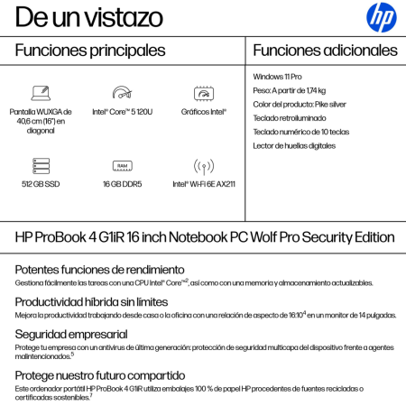 HP ProBook 4 G1iR Wolf Pro Security Edition Intel Core 5 120U Portátil 40,6 cm (16″) WUXGA 16 GB DDR5-SDRAM 512 GB SSD Wi-Fi 6E 