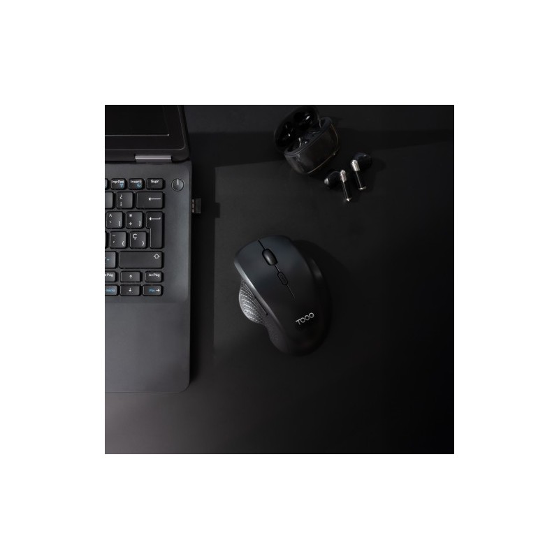 TooQ Ratón Inalámbrico Ergonómico 1600 DPI, 6 botones, Negro